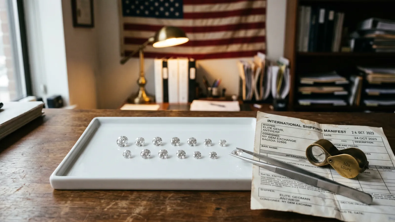 Shipping manifest and loose lab-grown diamonds on a jeweler's desk with a US flag in soft focus in the background