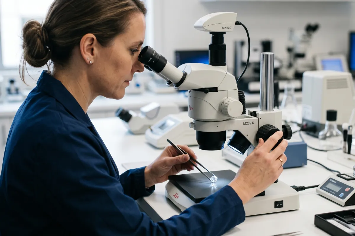 A diamond grading report and a loose lab-grown diamond on a desk