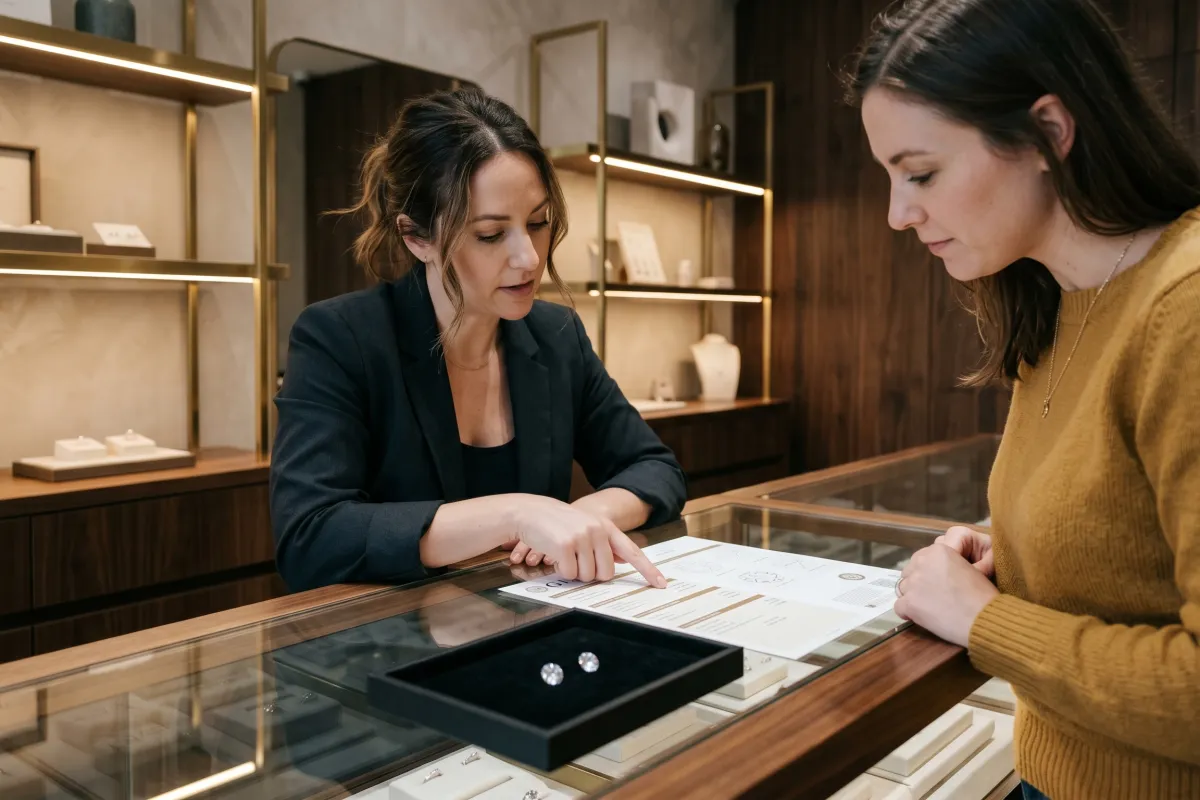 A jeweler comparing diamond certifications at a counter