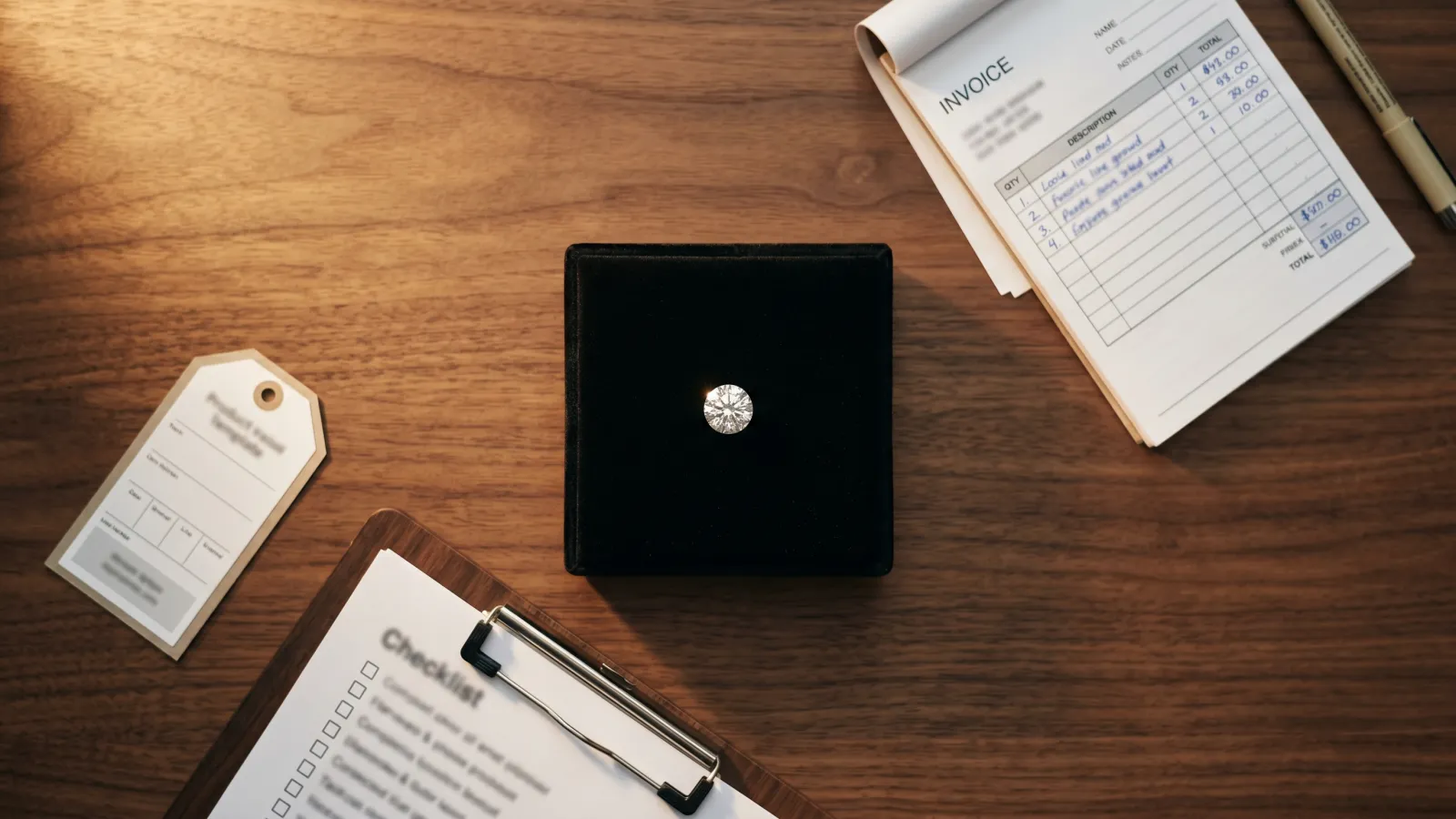 A jeweler's invoice pad and product tag template sitting on a counter next to a loose lab-grown diamond, with a checklist document partially visible