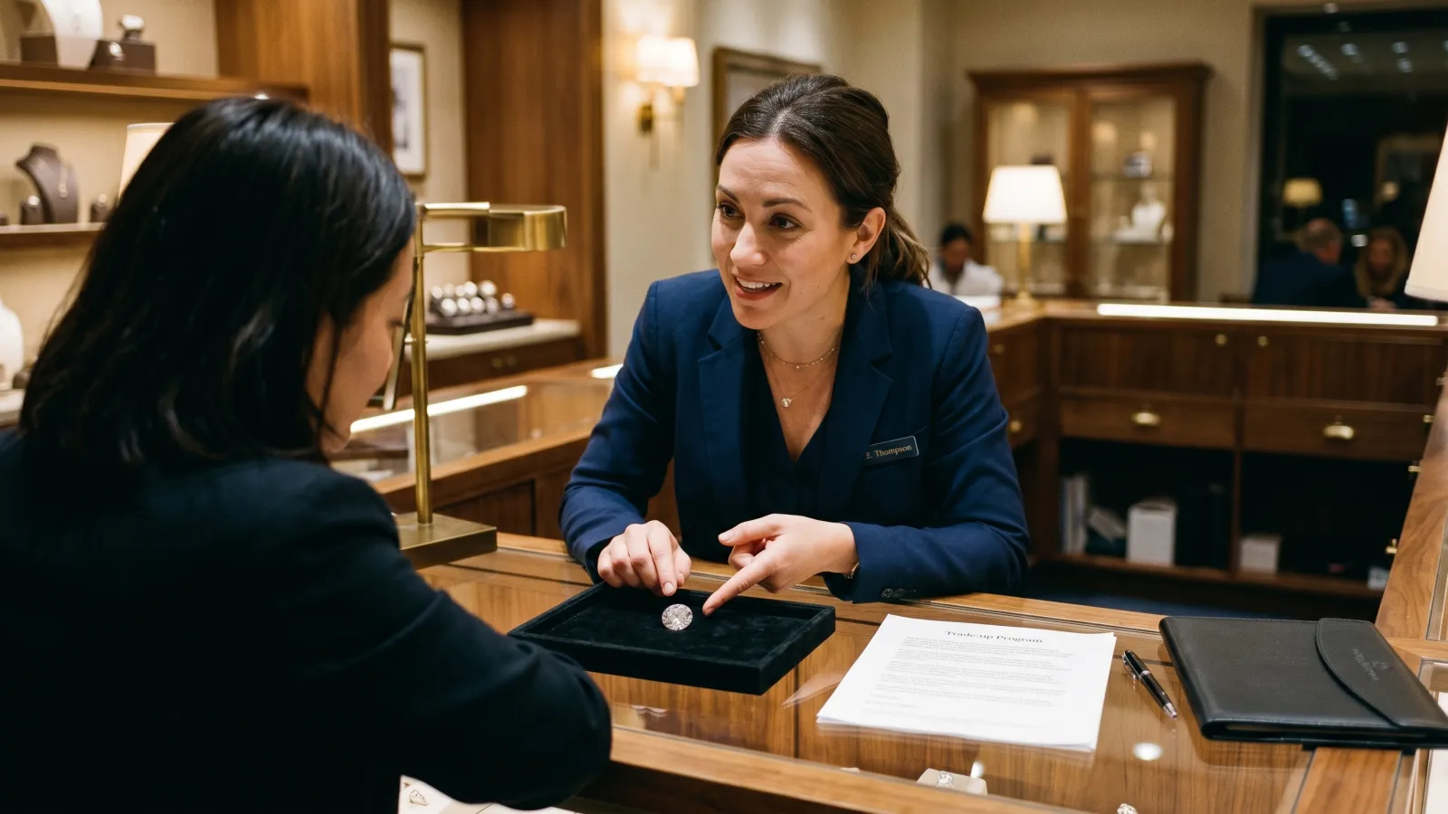 A jewelry sales consultant and a customer reviewing a lab-grown diamond across a retail counter, with an upgrade certificate partially visible