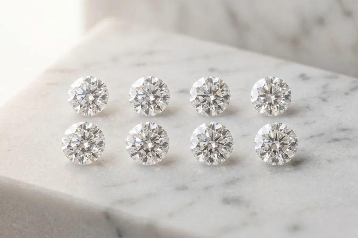 Close-up of a curated selection of premium quality lab-grown diamonds on a white inspection tray under natural light