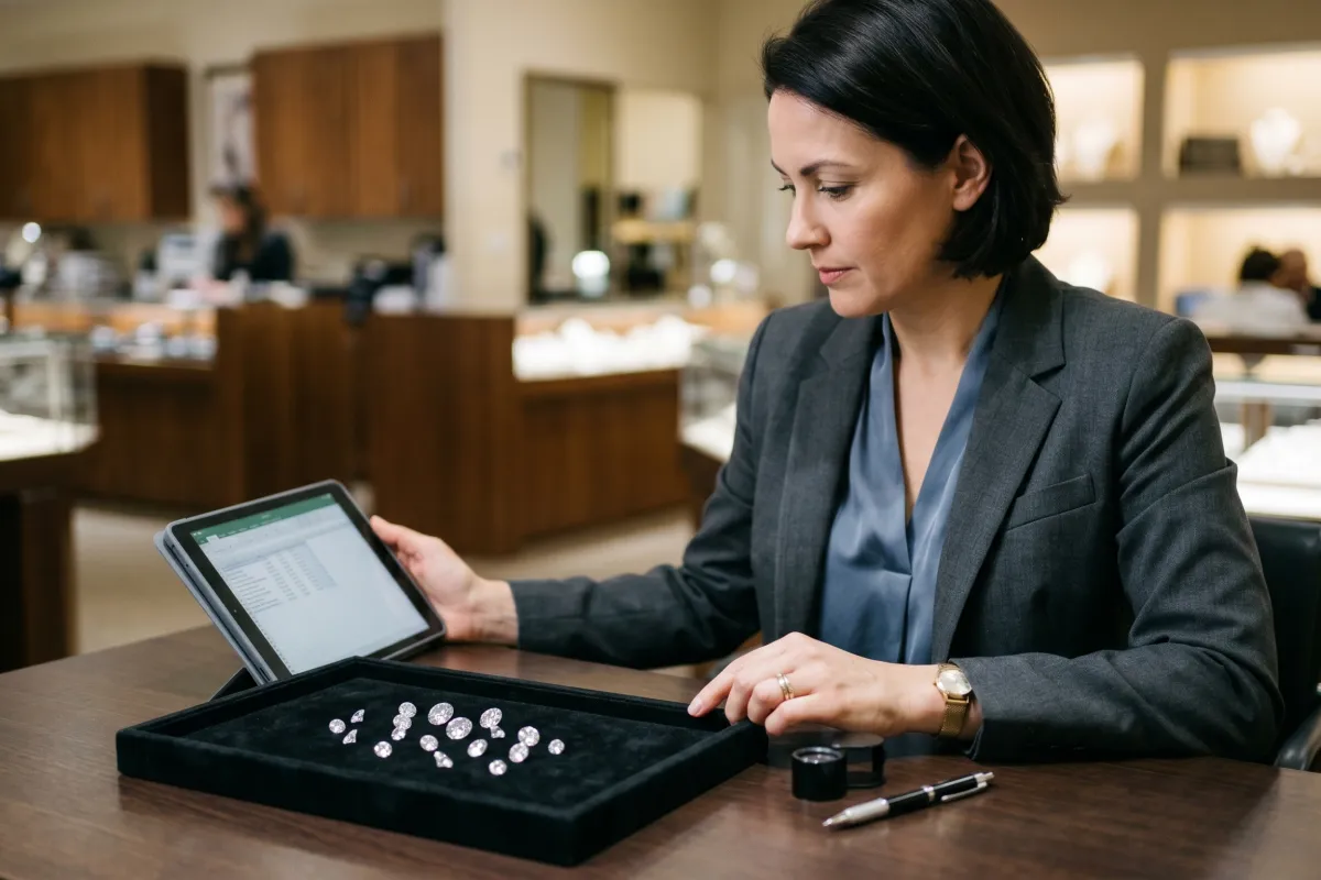 A buyer reviewing a wholesale inventory list on a tablet with loose diamond stones on a nearby tray