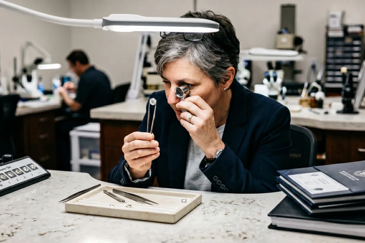 A gemologist carefully inspecting a loose lab-grown diamond with a loupe under standardized lighting