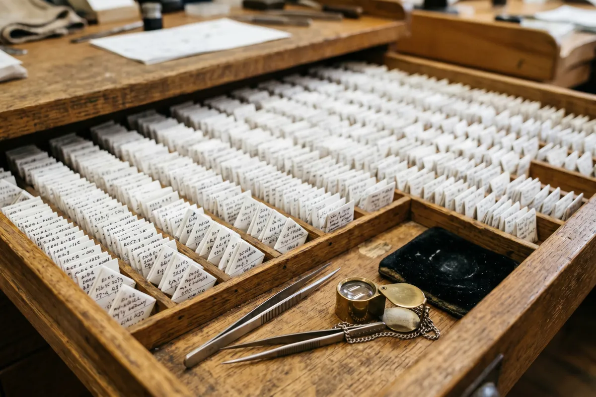 Organized folded white paper diamond parcels labeled individually in a curated wholesale inventory drawer