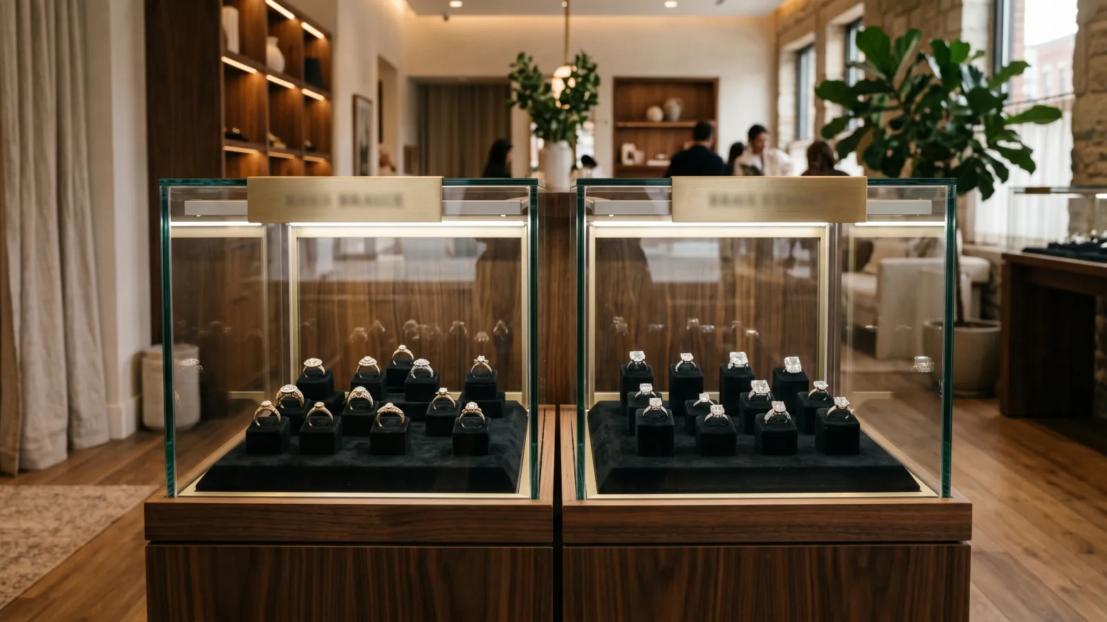 Two separate jewelry display cases positioned side by side in a modern independent jewelry store, one displaying natural diamonds and the other lab-grown, with clear category signage above each