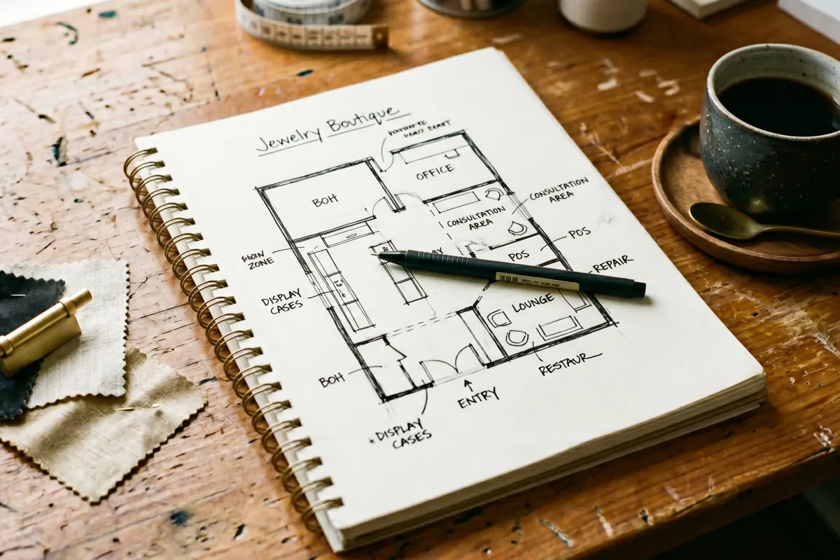 Overhead view of a jeweler's store floor plan sketch showing the layout for separate lab-grown and natural diamond showcases