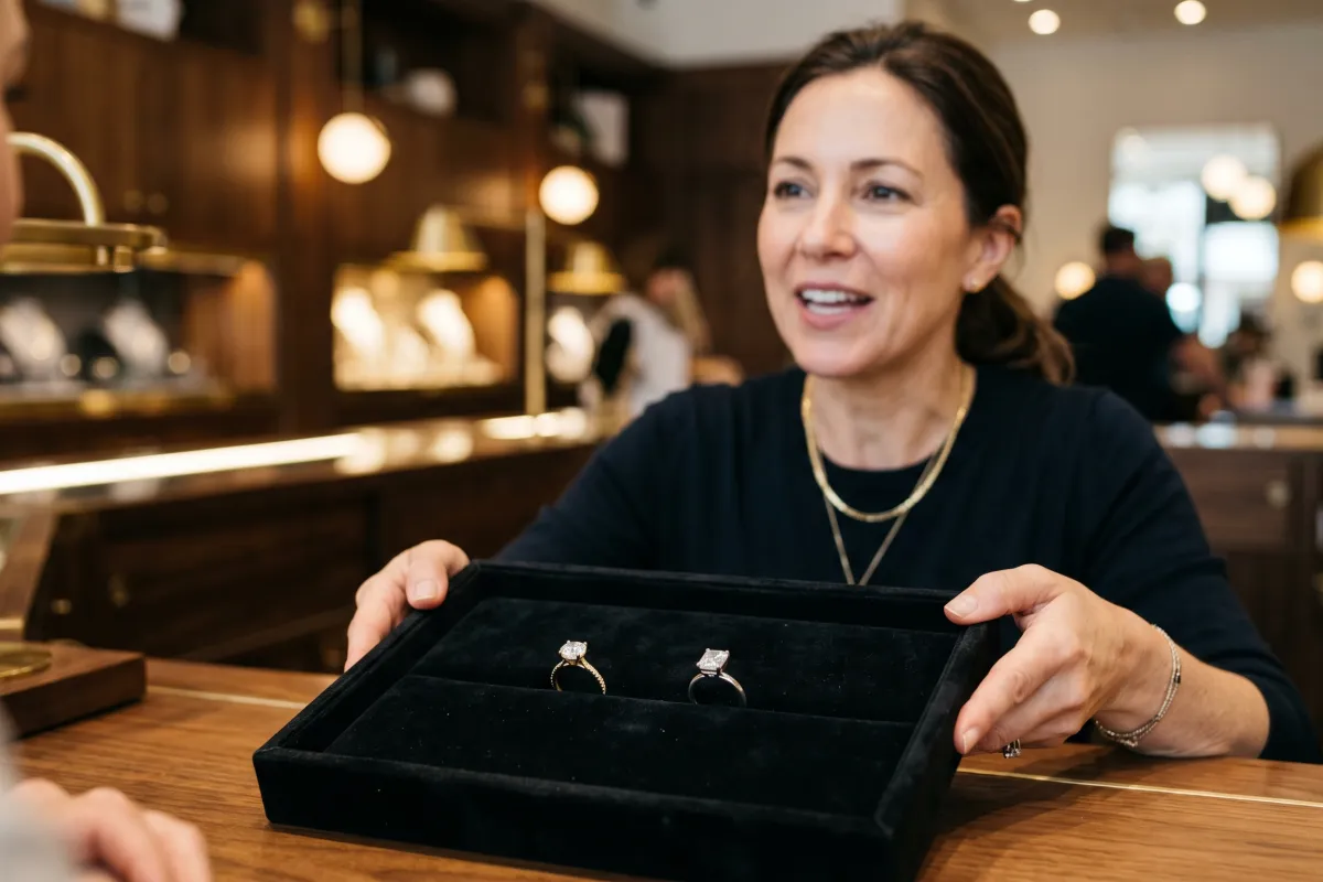 A jewelry consultant showing two engagement rings — one natural and one lab-grown — on a black velvet tray to a customer at a counter