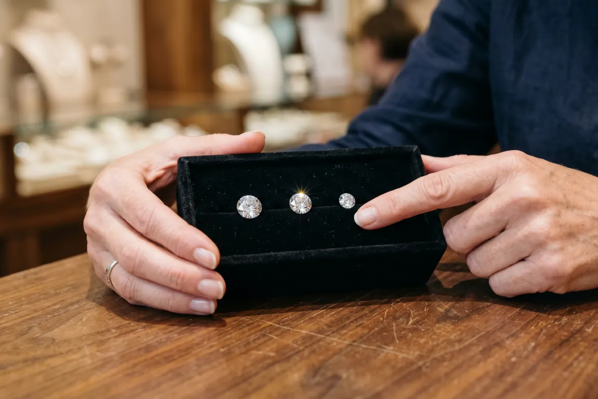 A close-up of a jeweler's hands presenting a curated selection of three loose lab-grown diamonds on a velvet tray across a counter