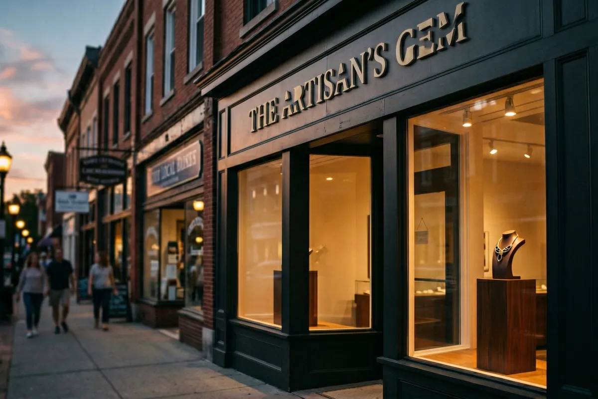 A small independent jewelry store storefront on a city street with warm window lighting visible from outside