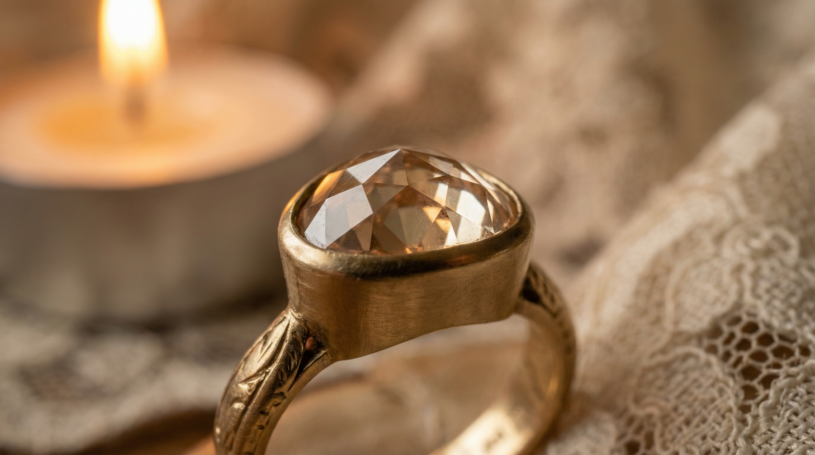 Rose cut lab grown diamond showing flat base, domed top with triangular facets, and soft romantic glow
