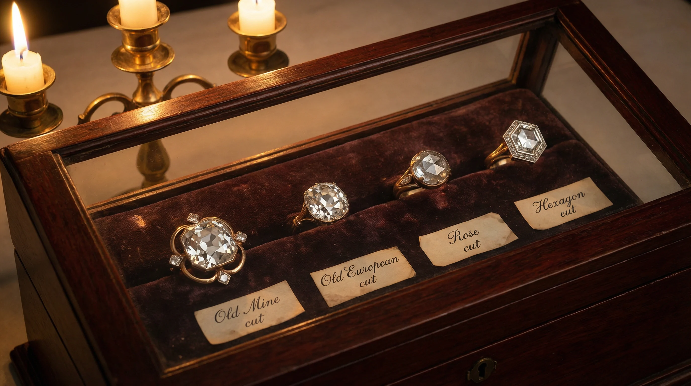 Antique diamond cuts: Old Mine, Old European, Rose Cut displayed in vintage case