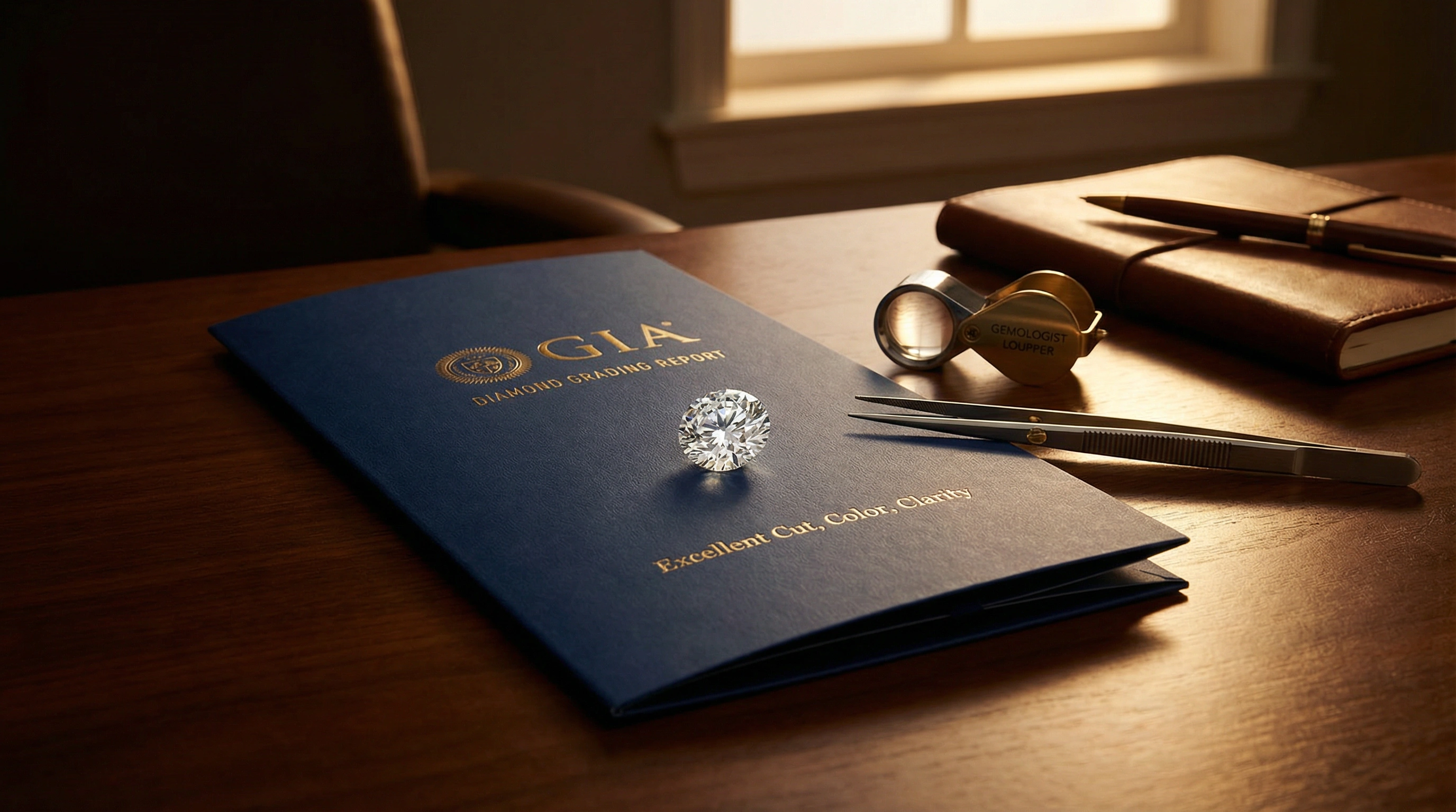 Diamond grading report with diamond, loupe and tweezers