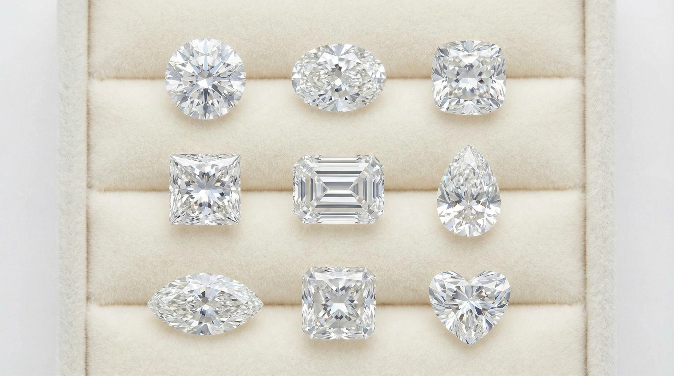 9 diamond shapes displayed on velvet tray