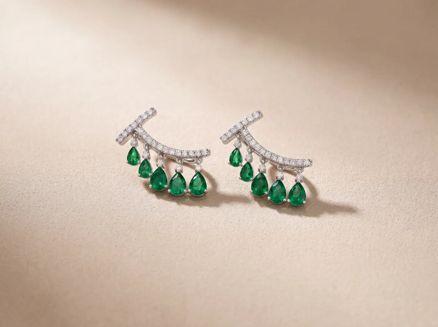 Climber drop earrings in 18K white gold, emerald cut with pavé
