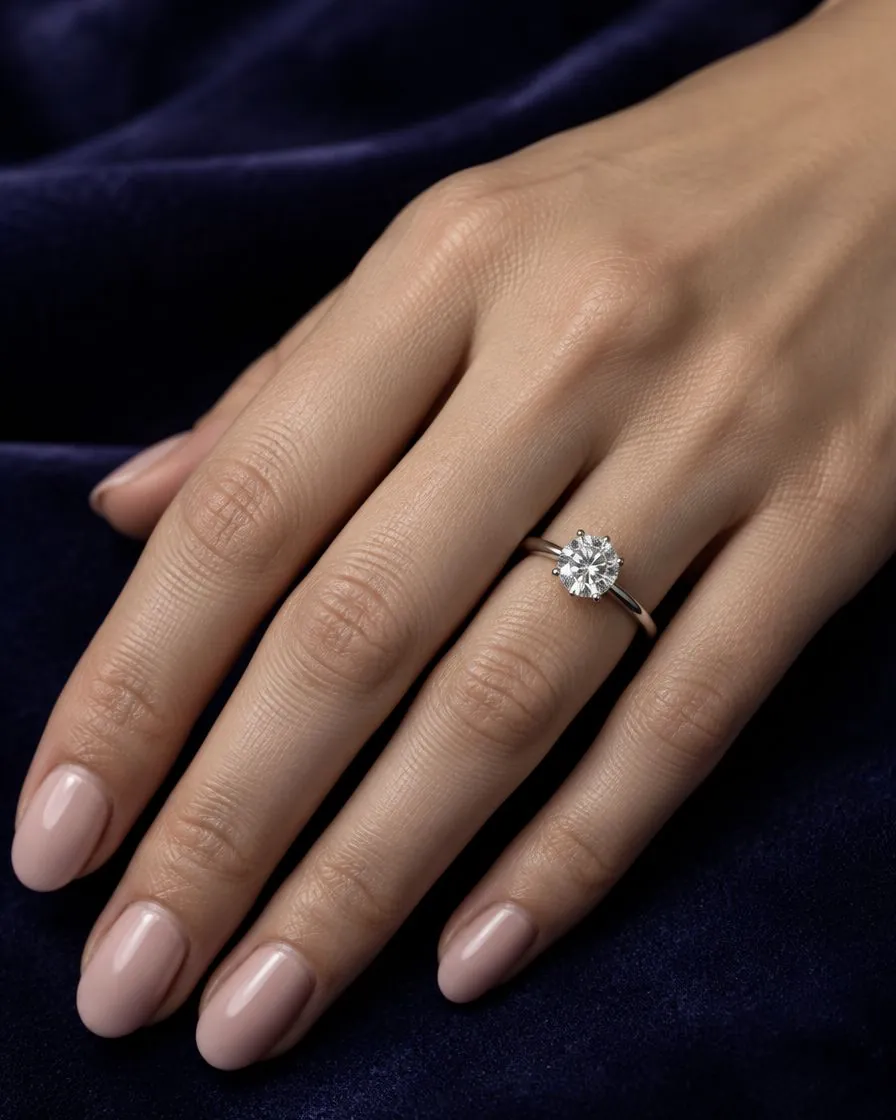 a 1 carat round diamond solitaire on a hand, illustrative