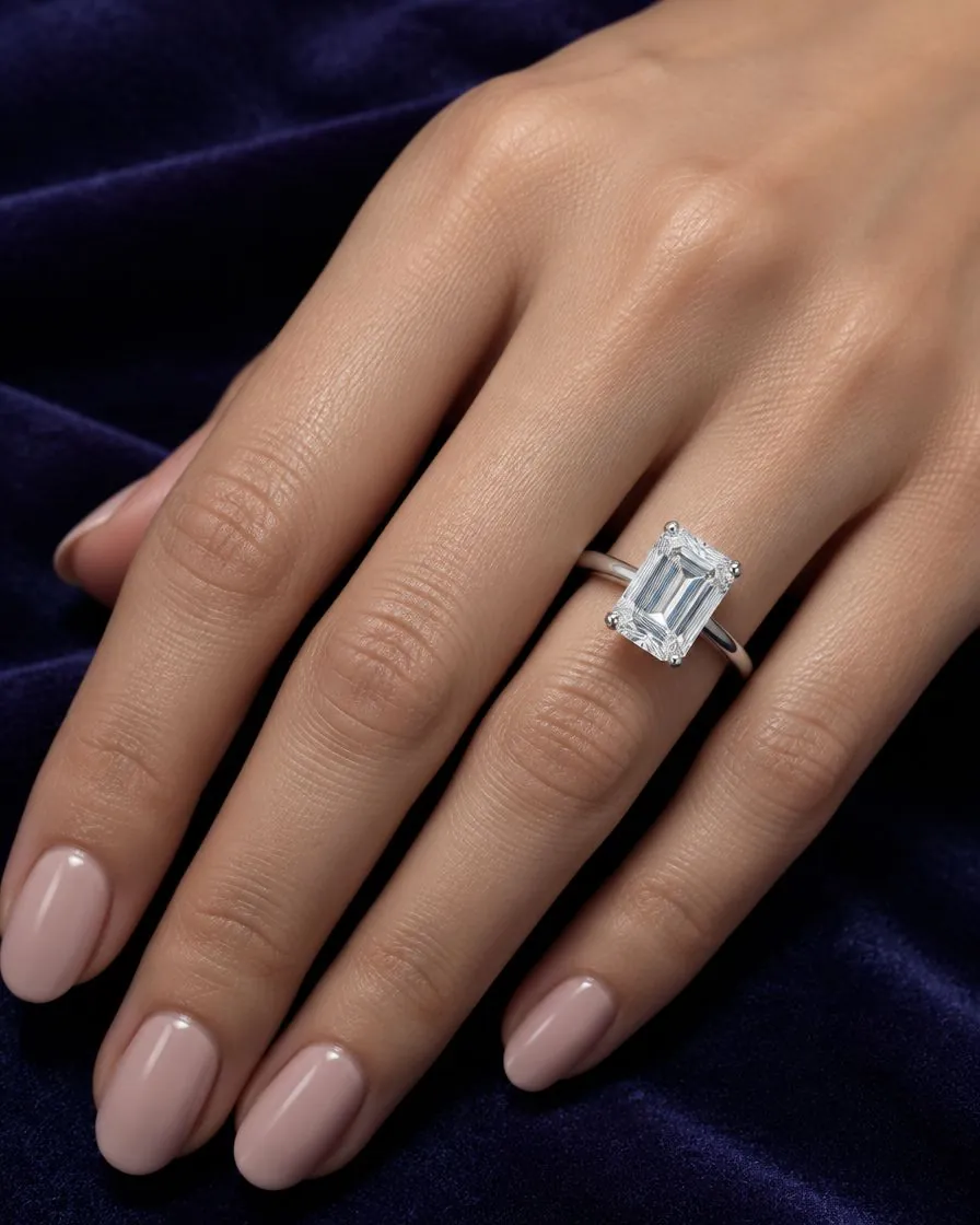 a 3 carat emerald-cut diamond solitaire on a hand, illustrative