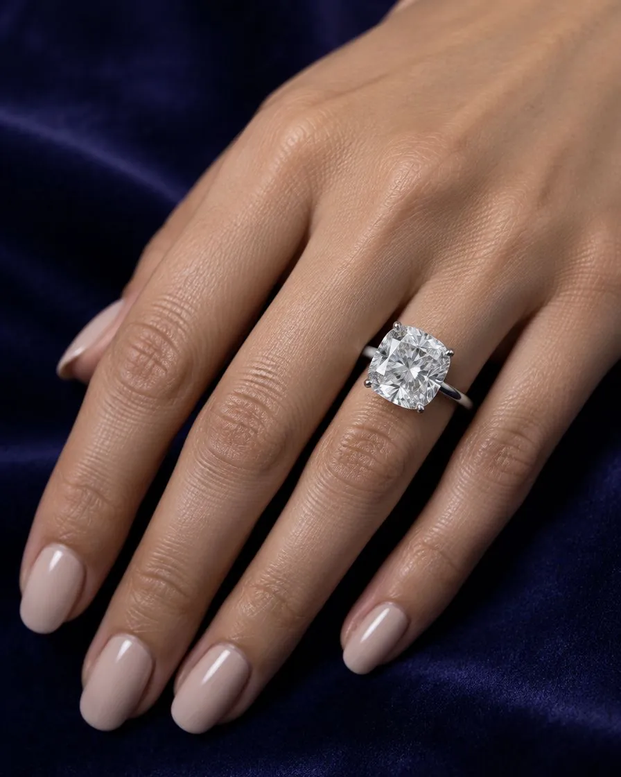 a 5 carat cushion-cut diamond solitaire on a hand, illustrative