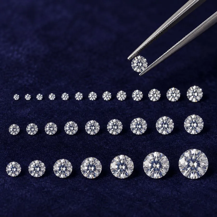 Calibrated round melee diamonds from 1 to 3 mm in rows on indigo, with tweezers, illustrative