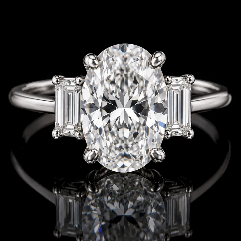 Baguette side diamonds with an Oval center, Three-Stone ring render