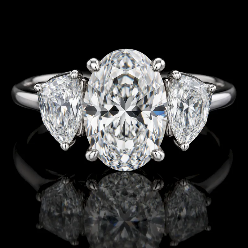 Calf Cut side diamonds with an Oval center, Three-Stone ring render