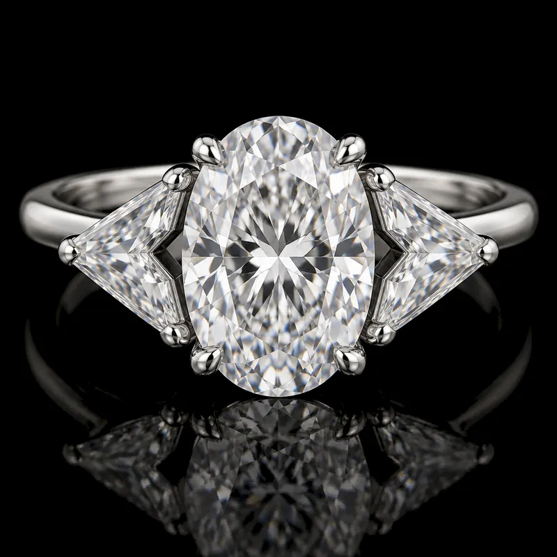 Chevron side diamonds with an Oval center, Three-Stone ring render