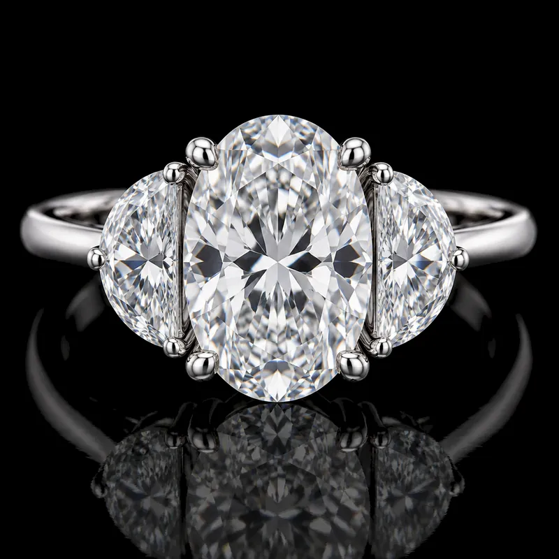 Half Moon side diamonds with an Oval center, Three-Stone ring render