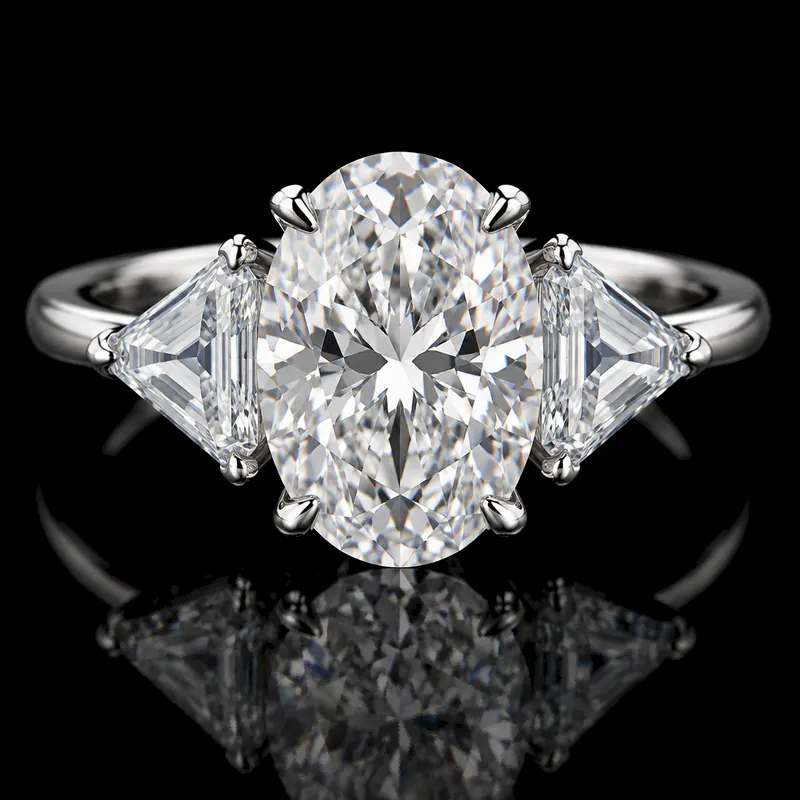 Kite side diamonds with an Oval center, Three-Stone ring render