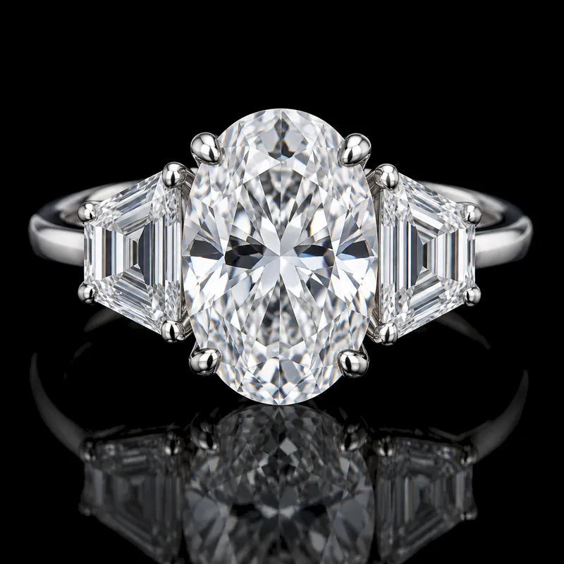 Shield side diamonds with an Oval center, Three-Stone ring render