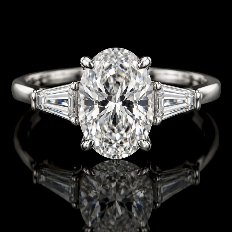 Tapered Baguette side diamonds with an Oval center, Three-Stone ring render