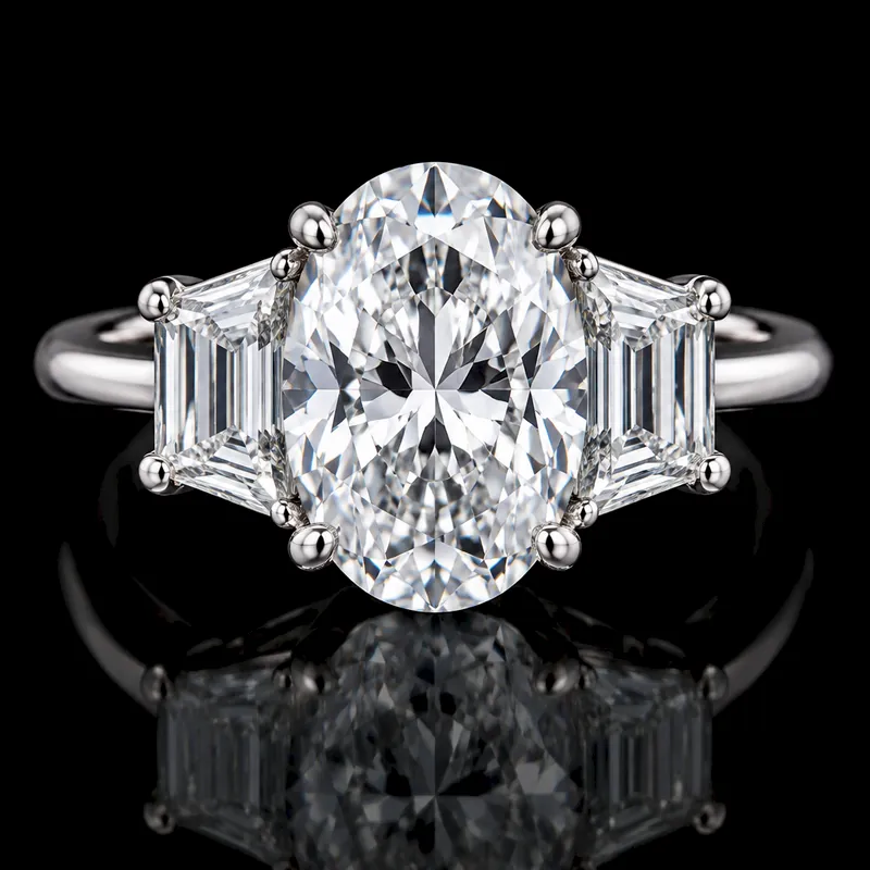 Trapezoid side diamonds with an Oval center, Three-Stone ring render