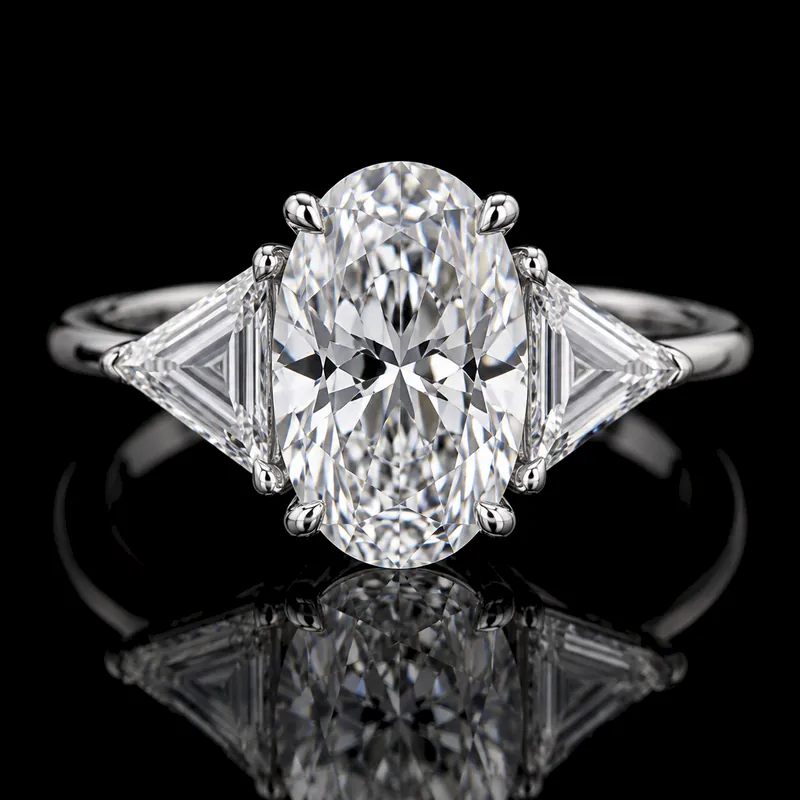 Triangle side diamonds with an Oval center, Three-Stone ring render