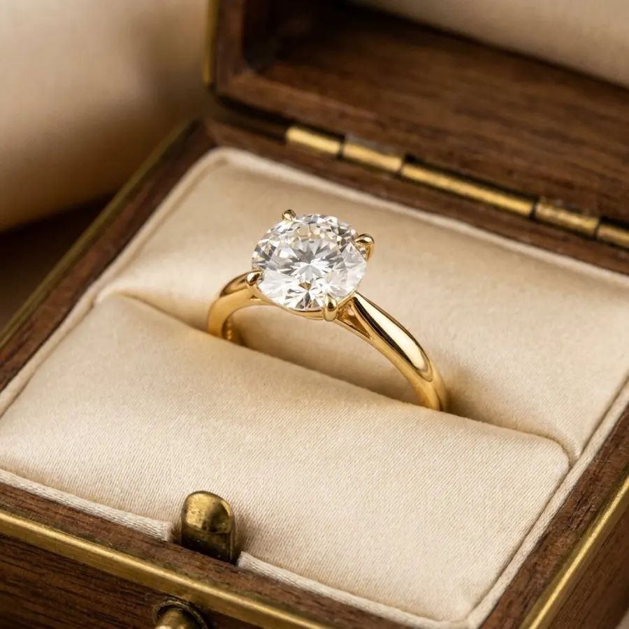 A single yellow gold diamond solitaire ring in a ring box