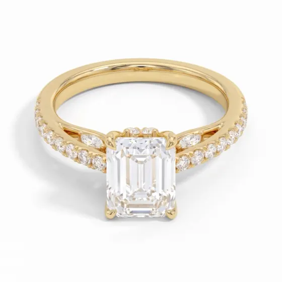Emerald cut cathedral ring with pavé split shank