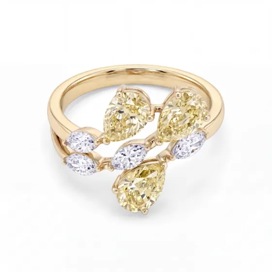 Fashion ring with yellow and white pear and marquise diamonds
