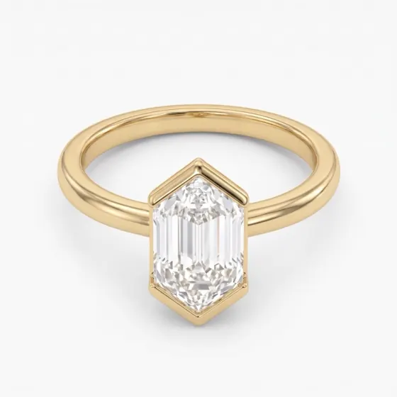 Hexagonal step cut diamond in a half-bezel ring