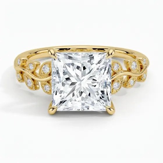 Princess cut ring with engraved leaf band