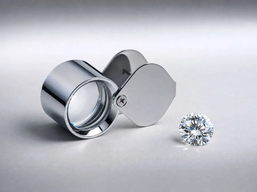 Loose diamond beside a jeweler's loupe