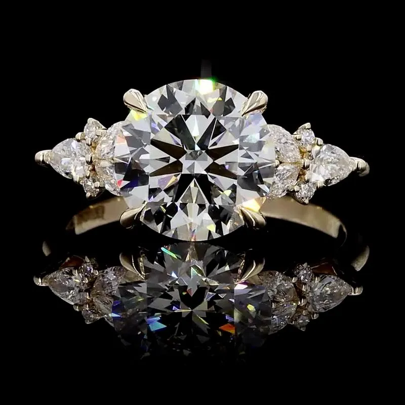 Round Solitaire Ring with Pear Side Diamonds, design GD-SR-006