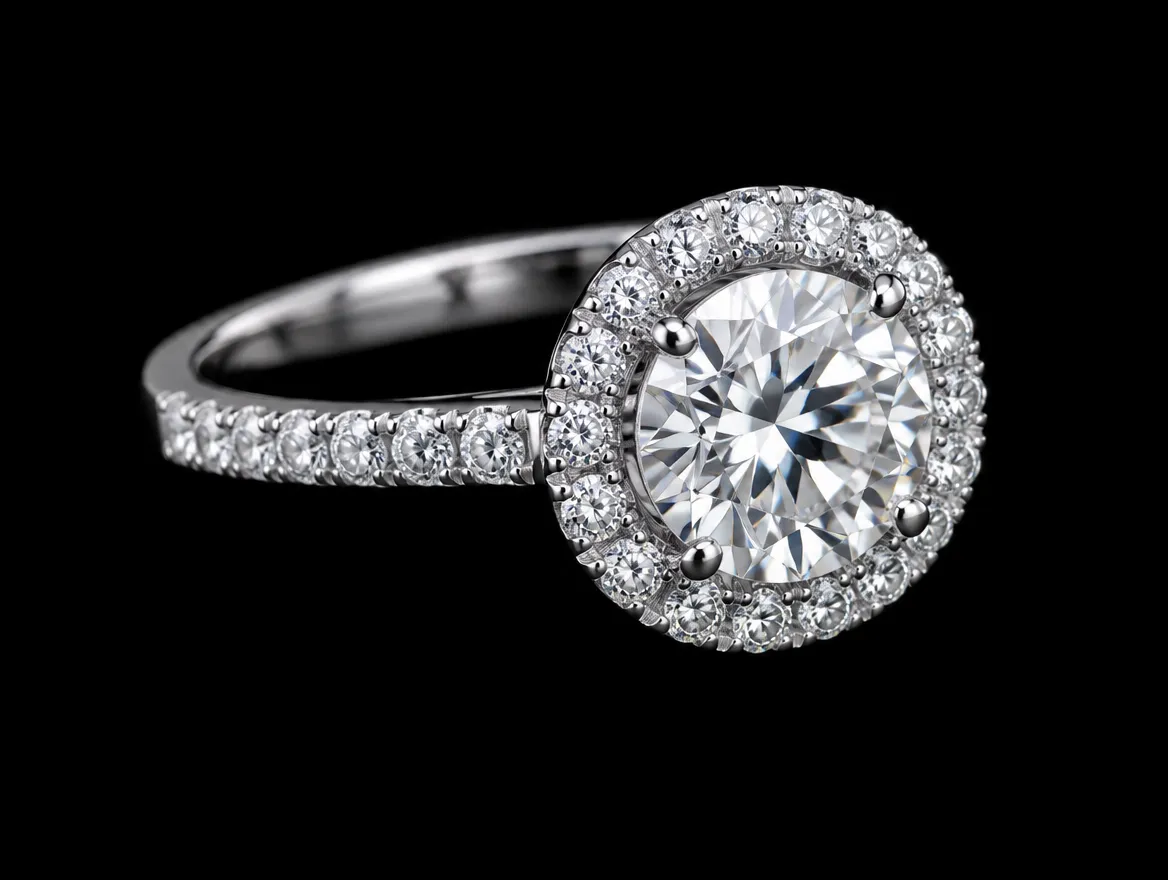 Halo engagement ring with a melee diamond halo