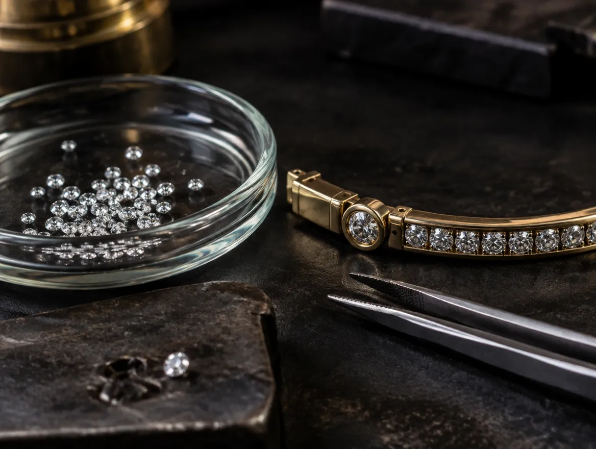 Bench repair: a dish of loose melee diamonds beside a channel-set bracelet