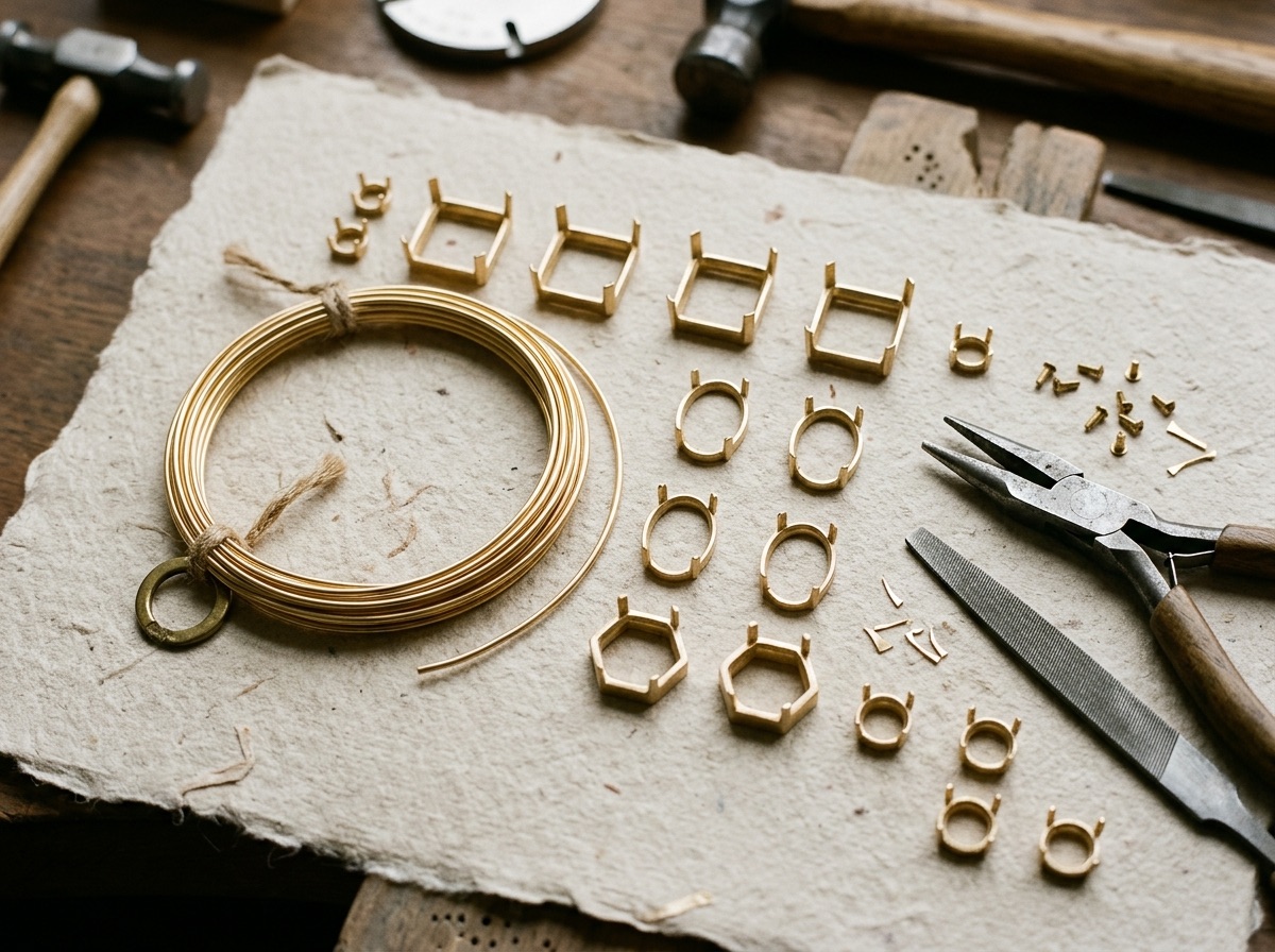 Stacked color-swatch cards beside a gemologist's grading loupe on a brass and cream workbench