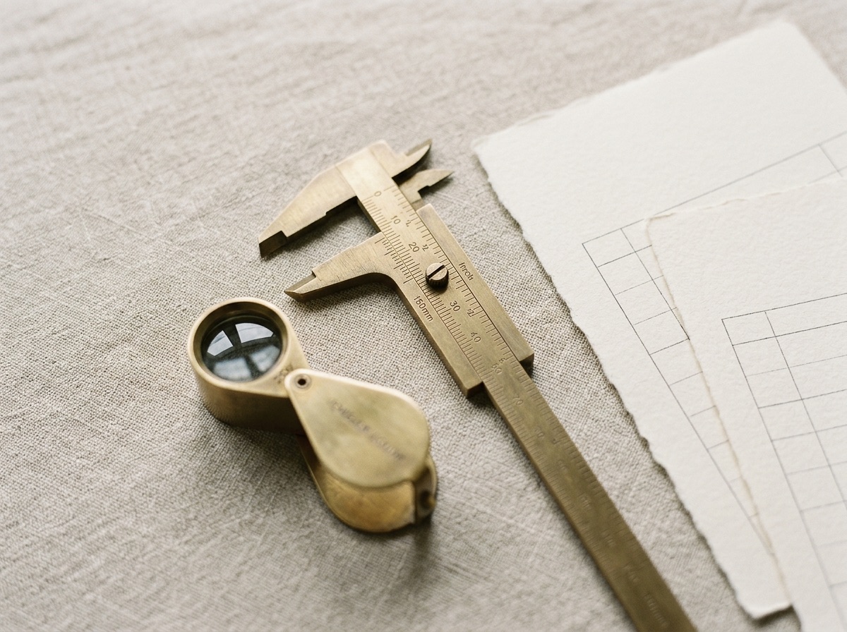 Faceting workbench with a brass cutting wheel and dop stick, geometric hexagon sketches nearby