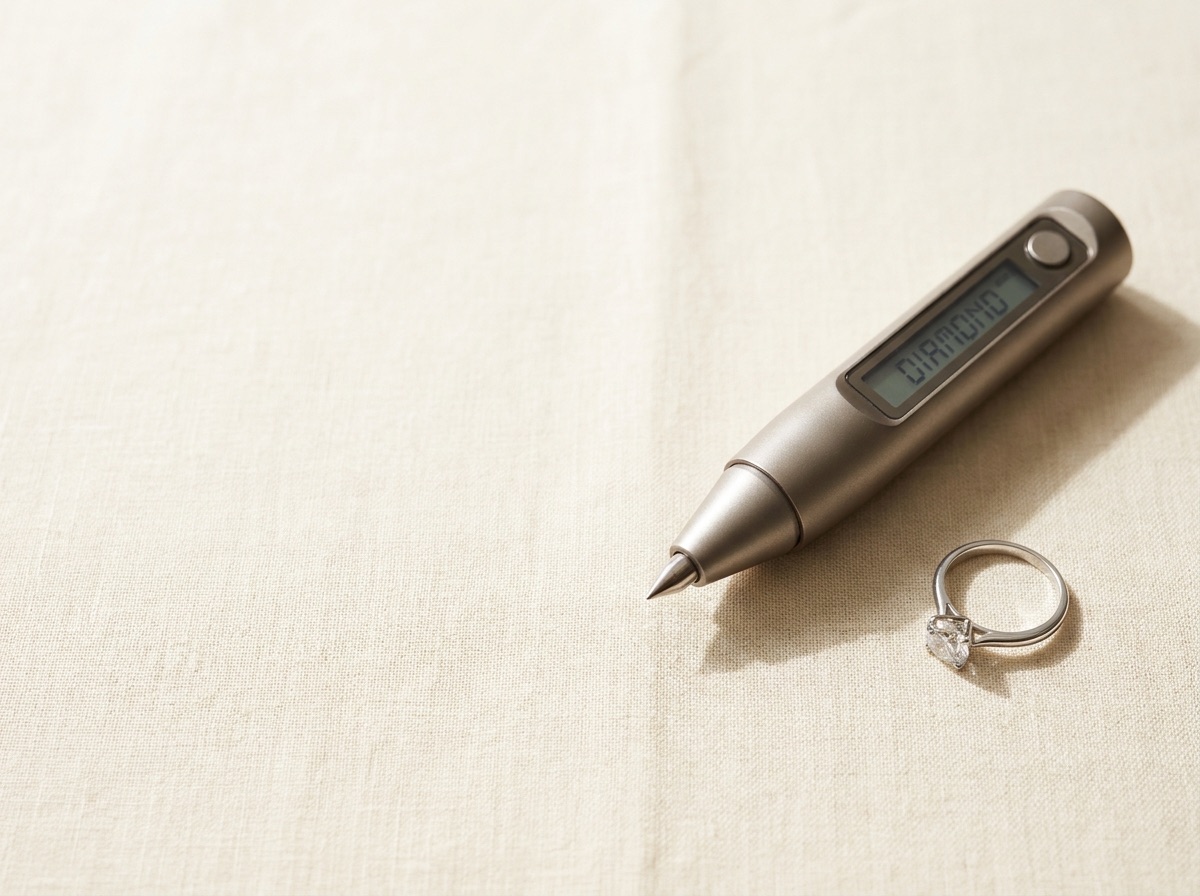 Custom engagement ring with a large center diamond displayed in a jeweler's tray on cream linen