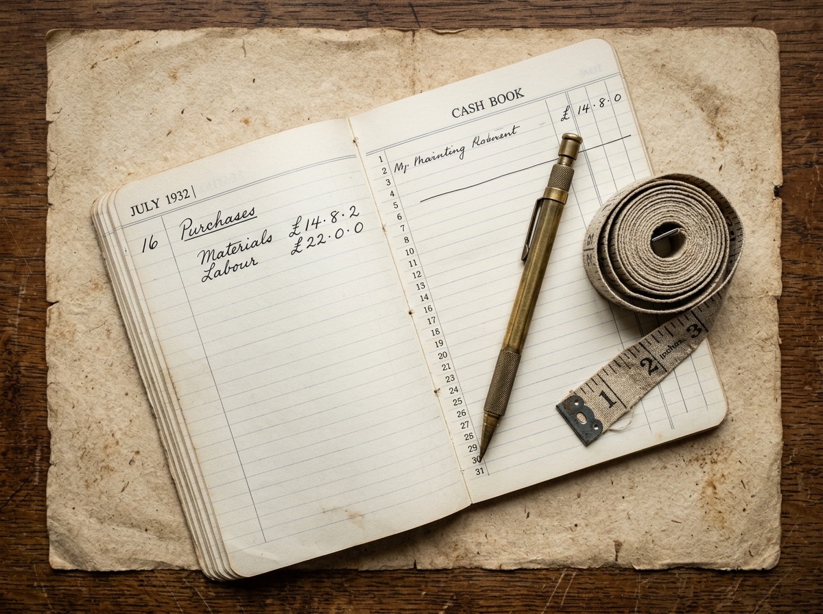 Overhead still life of blank grading-report forms fanned across a cream linen desk with a brass paperweight