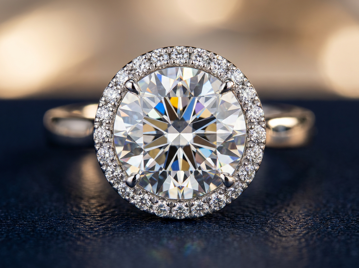 macro photograph of melee diamonds set tightly around a center diamond in a halo ring, trade editorial still life