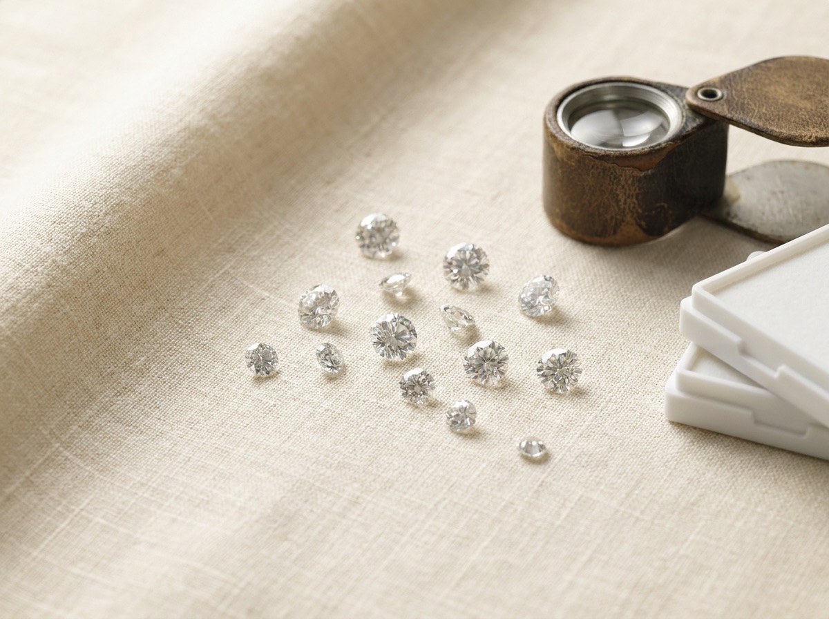 Finished custom engagement ring on a jeweler's tray beside loose certified diamonds ready for wholesale shipment