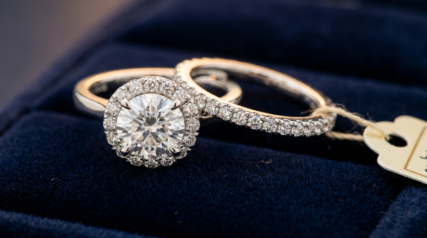 Finished diamond halo ring and eternity band with a jeweler's appraisal tag on navy velvet, showing the size contrast between a center stone and melee diamonds