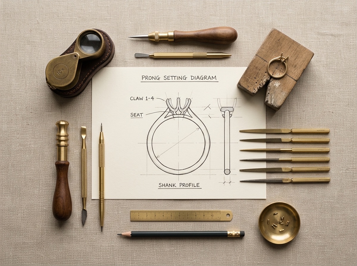 Flat-lay of a pave-setting grid template mapped in brass linework on cream paper, with a bead-setting graver tool on oat linen