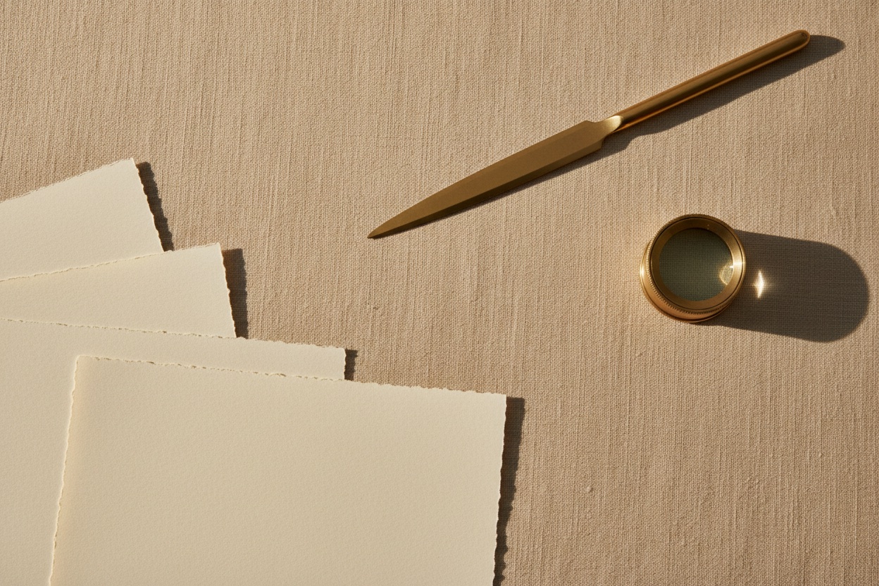 Overhead flat-lay of a jeweler's loupe and a stack of diamond grading report paperwork on warm oat linen, styled with brass desk accessories